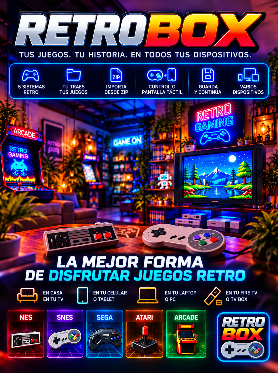 Infografía promocional de RetroBox con cinco sistemas retro, importación ZIP, controles y opciones de dispositivos